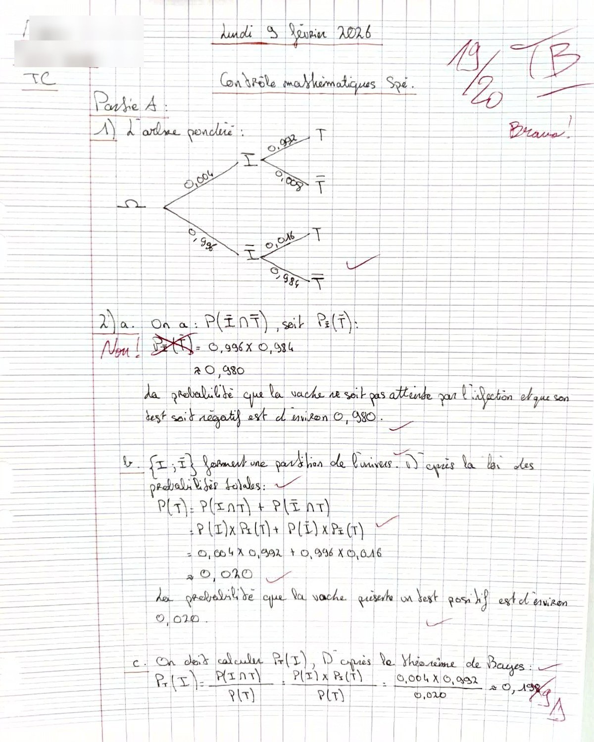 Copie de mathématiques de terminale notée 19/20, probabilités conditionnelles, annotée en rouge par le professeur