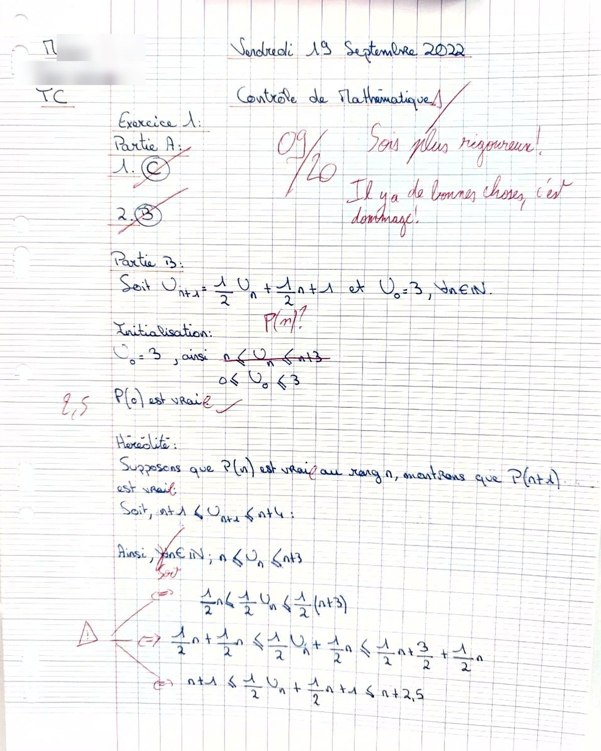 Copie de mathématiques de terminale notée 09/20, récurrence, annotée en rouge par le professeur